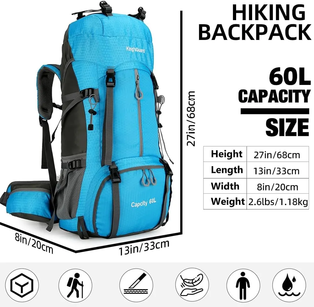 King'sGuard 60L Hiking Backpack, Waterproof Camping Backpacking Backpack for Men Outdoor Climbing Daypack (Light-Blue)