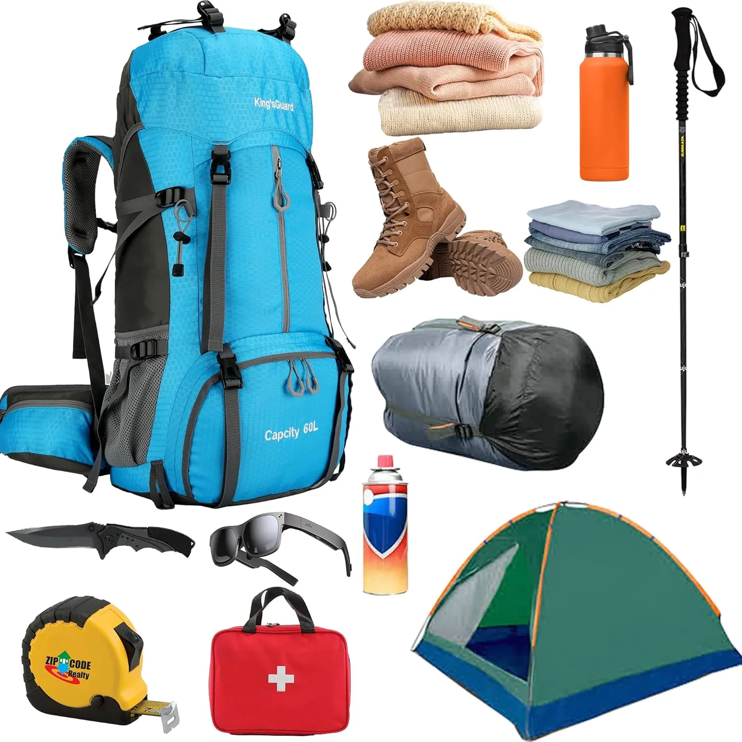King'sGuard 60L Hiking Backpack, Waterproof Camping Backpacking Backpack for Men Outdoor Climbing Daypack (Light-Blue)