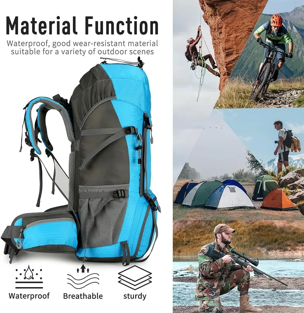 King'sGuard 60L Hiking Backpack, Waterproof Camping Backpacking Backpack for Men Outdoor Climbing Daypack (Light-Blue)
