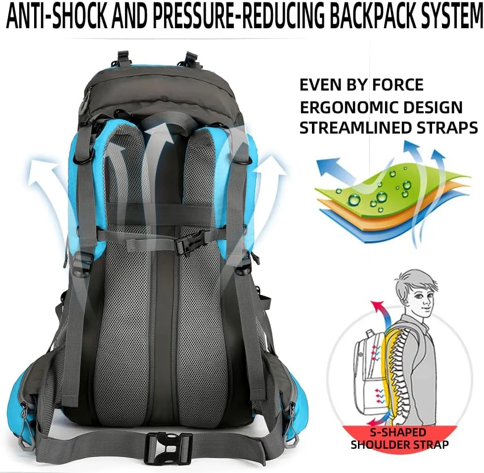 King'sGuard 60L Hiking Backpack, Waterproof Camping Backpacking Backpack for Men Outdoor Climbing Daypack (Light-Blue)