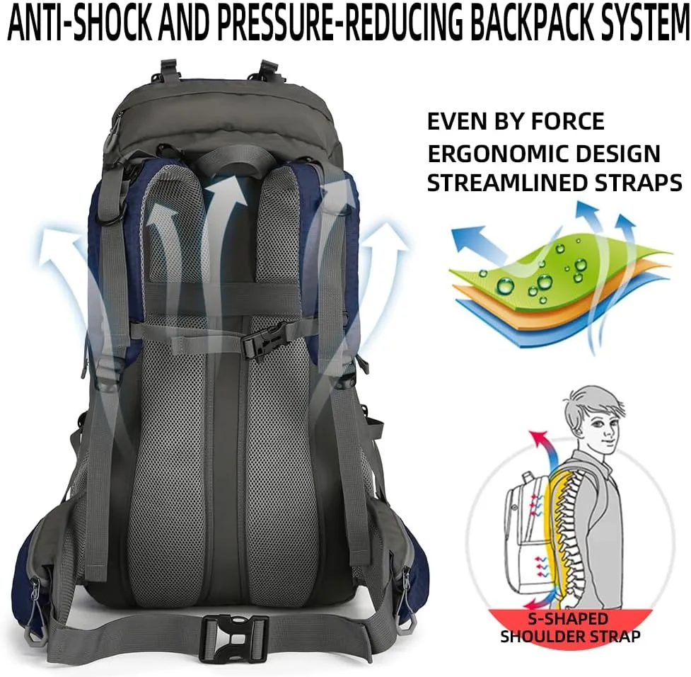 King'sGuard 60L Hiking Backpack, Waterproof Camping Backpacking Backpack for Men Outdoor Climbing Daypack (Navy-Blue)