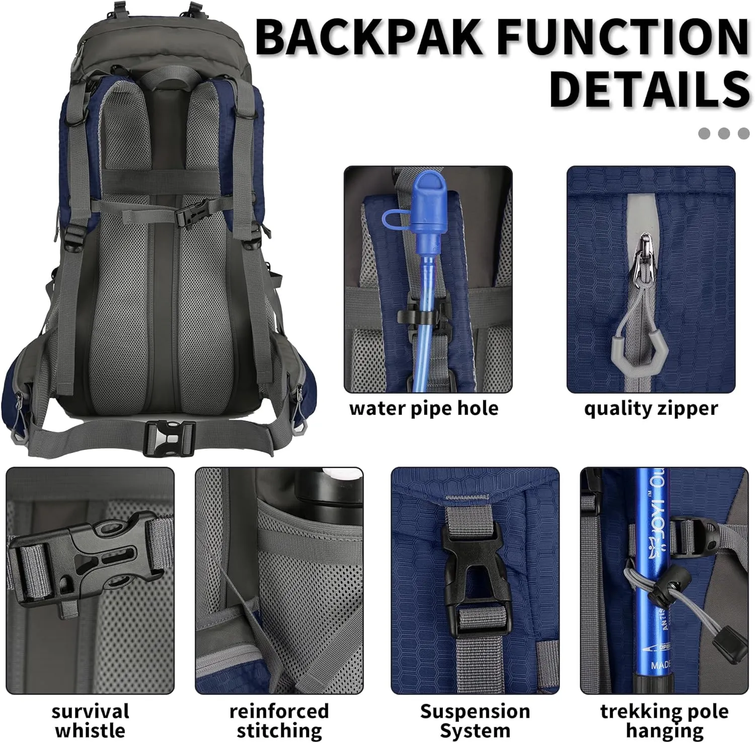 King'sGuard 60L Hiking Backpack, Waterproof Camping Backpacking Backpack for Men Outdoor Climbing Daypack (Navy-Blue)