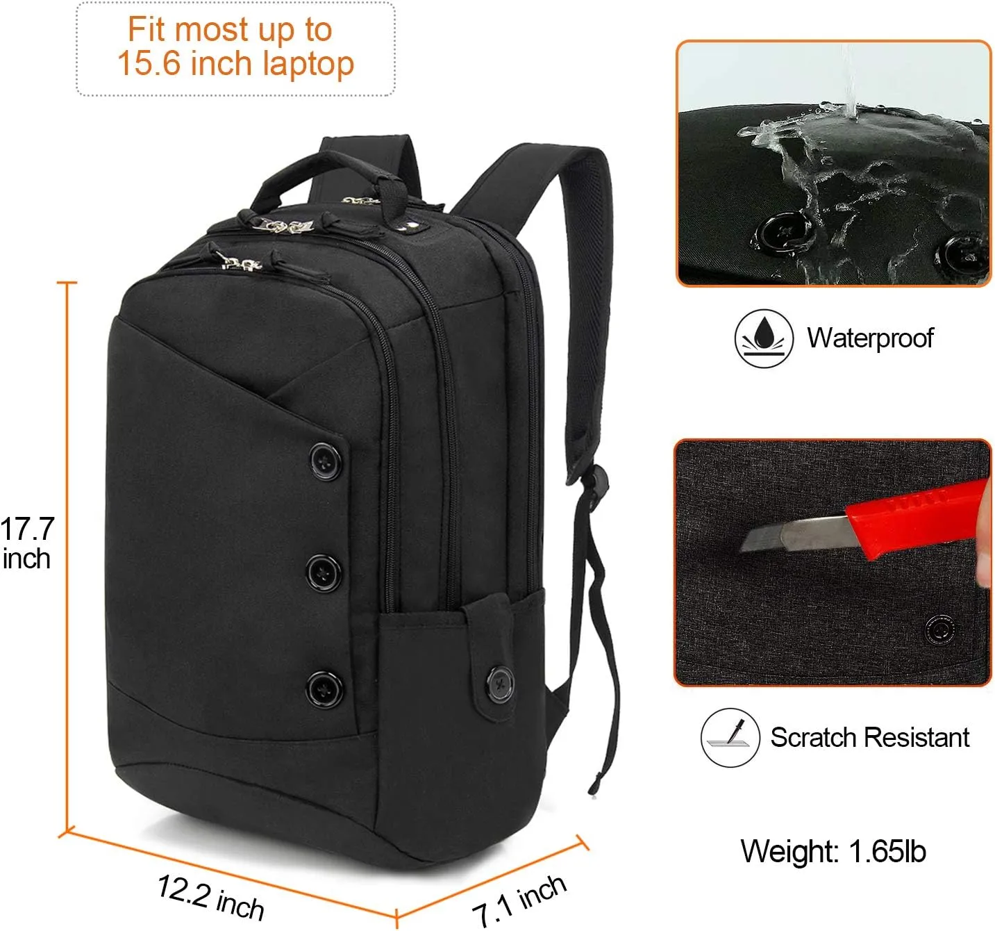 KINGSLONG 15.6 inch Laptop Backpack for Men Women, Water Resistant Computer Bag with USB Charging Port. Notebook Bag Suitable for College Travel Work Gifts Black