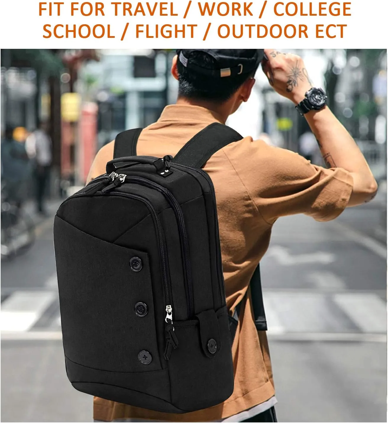KINGSLONG 15.6 inch Laptop Backpack for Men Women, Water Resistant Computer Bag with USB Charging Port. Notebook Bag Suitable for College Travel Work Gifts Black