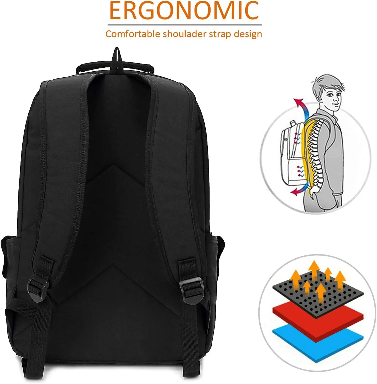 KINGSLONG 15.6 inch Laptop Backpack for Men Women, Water Resistant Computer Bag with USB Charging Port. Notebook Bag Suitable for College Travel Work Gifts Black