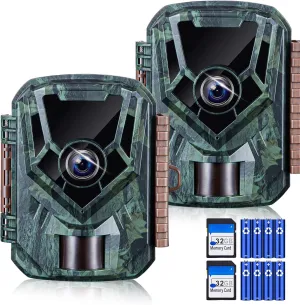 KJK 2 Pack Trail Cameras 36MP 2.7K, 32G SD Card and 8AA Batteries, Game Camera with Night Vision Motion ActivatedWaterproof lP66 0.1s Trigger Time w/ 130°Wide-Angle TrailCam for Wildlife Monitoring
