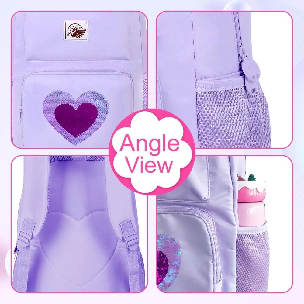 KLFVB Girls Backpack, 17.5" Cute Seuqins Aesthetic Bookbag, Water Resistant College School Bag for Women Teens Middle Primary Students - Love Purple