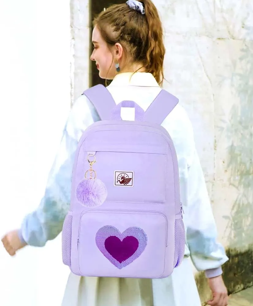 KLFVB Girls Backpack, 17.5" Cute Seuqins Aesthetic Bookbag, Water Resistant College School Bag for Women Teens Middle Primary Students - Love Purple