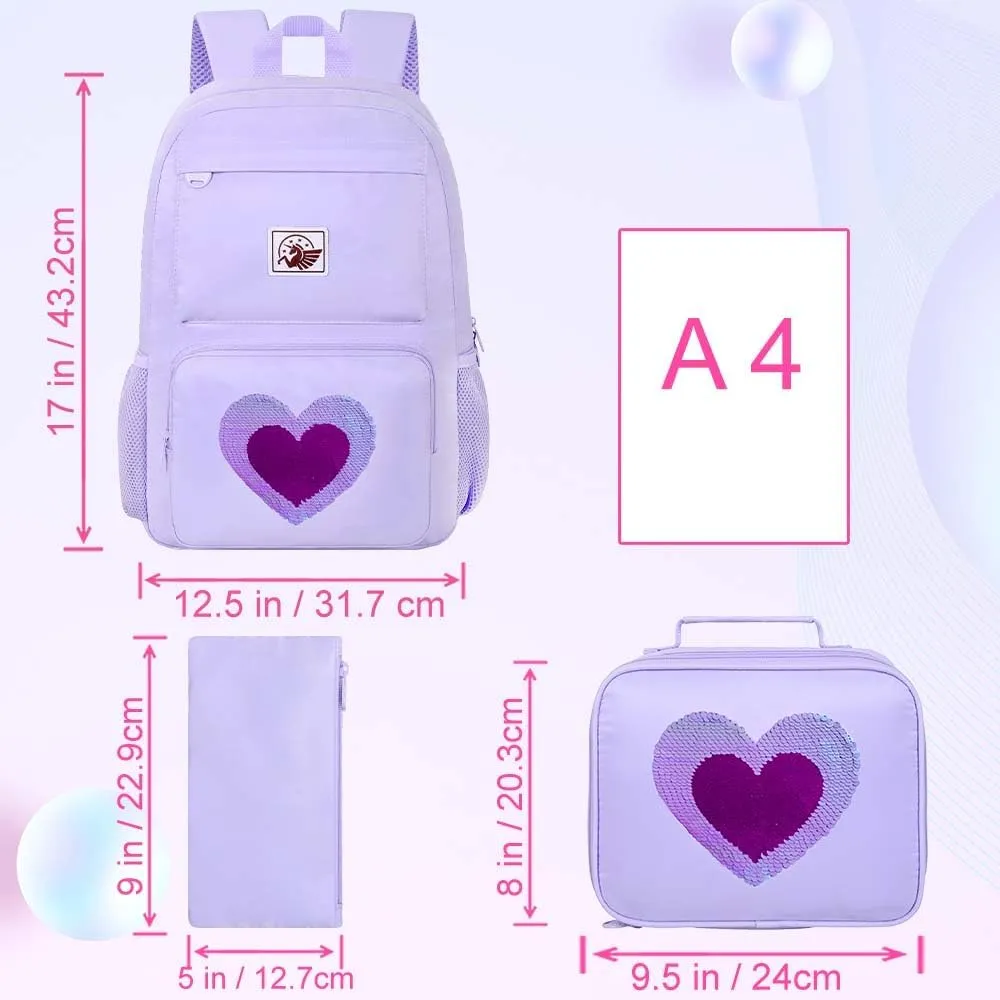 KLFVB Girls Backpack, 17.5" Cute Seuqins Aesthetic Bookbag, Water Resistant College School Bag for Women Teens Middle Primary Students - Love Purple