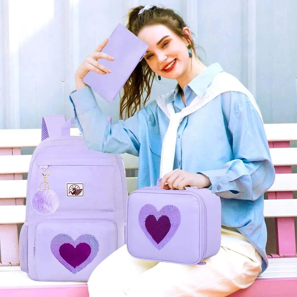 KLFVB Girls Backpack, 17.5" Cute Seuqins Aesthetic Bookbag, Water Resistant College School Bag for Women Teens Middle Primary Students - Love Purple