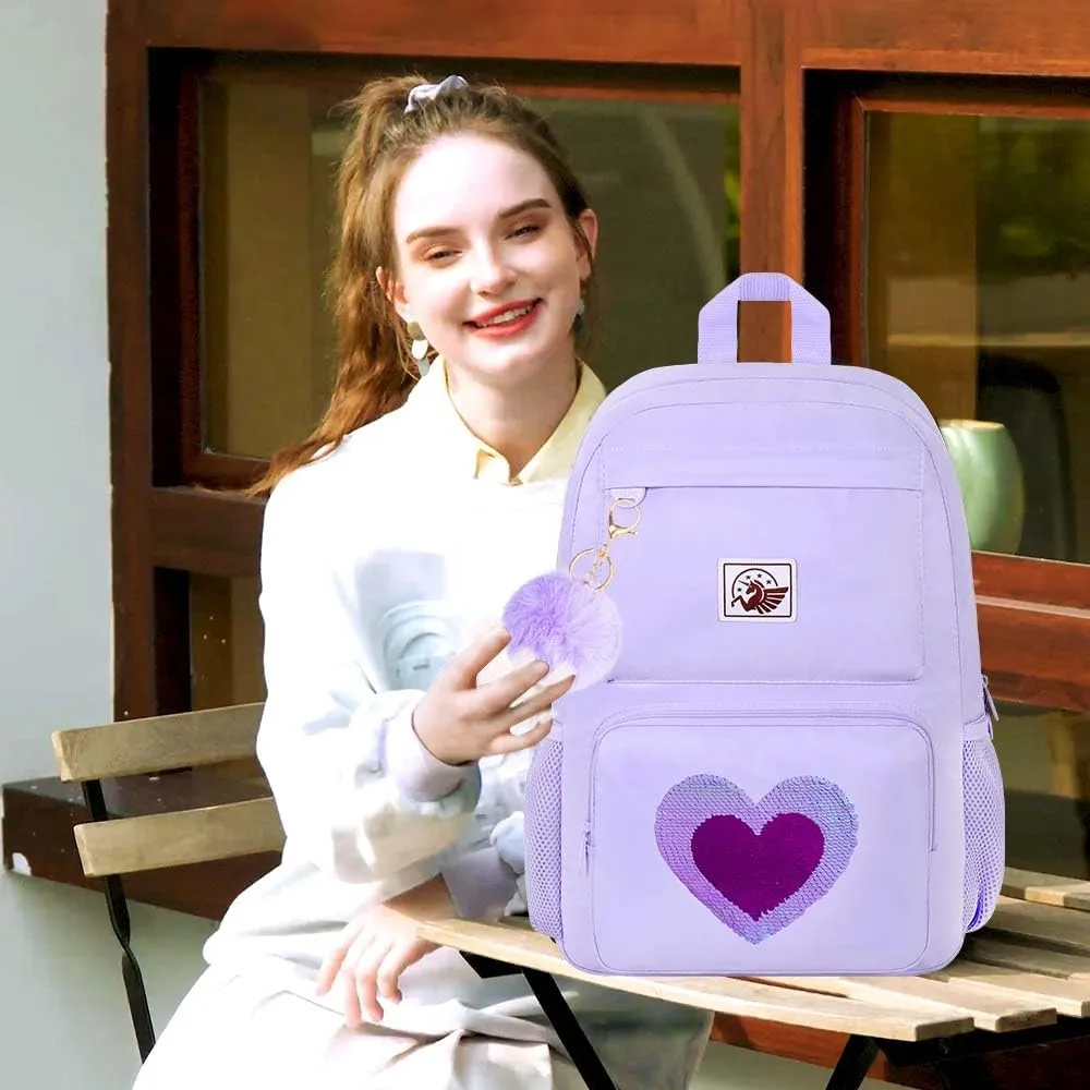 KLFVB Girls Backpack, 17.5" Cute Seuqins Aesthetic Bookbag, Water Resistant College School Bag for Women Teens Middle Primary Students - Love Purple