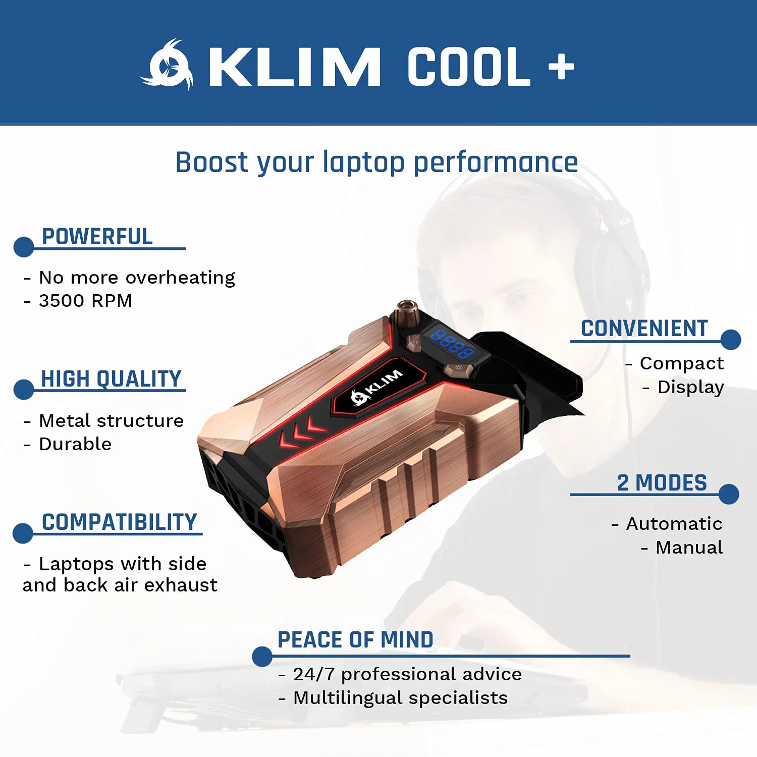 KLIM Cool  Metal Laptop Cooler with Vacuum Fan - New 2024 - Gaming Laptop Fan with Display - Temperature Detection   Automatic/Manual Mode - Portable - Compatible with Laptop Cooling Pads