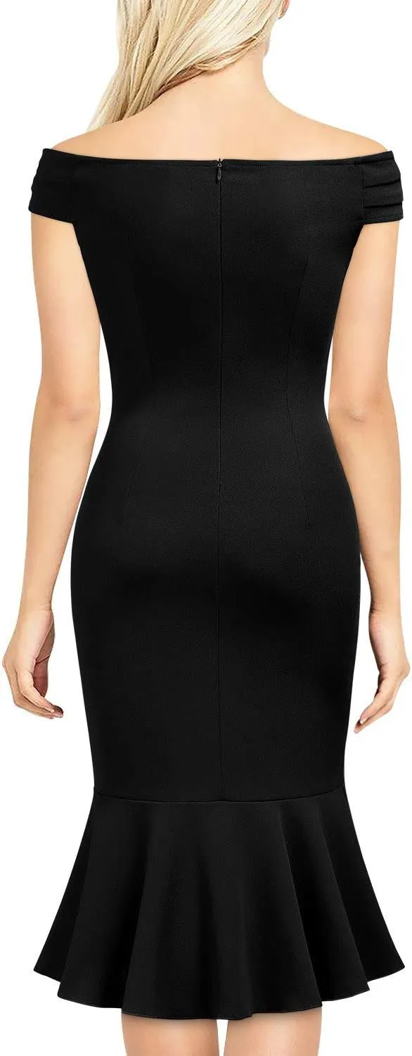 Knitee Women's Off Shoulder V-Neck Ruffle Pleat Waist Bodycon Evening Cocktail Slit Formal Dress