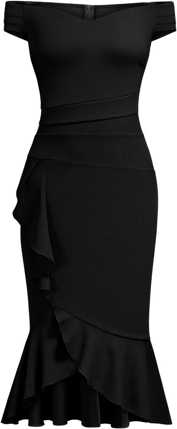 Knitee Women's Off Shoulder V-Neck Ruffle Pleat Waist Bodycon Evening Cocktail Slit Formal Dress