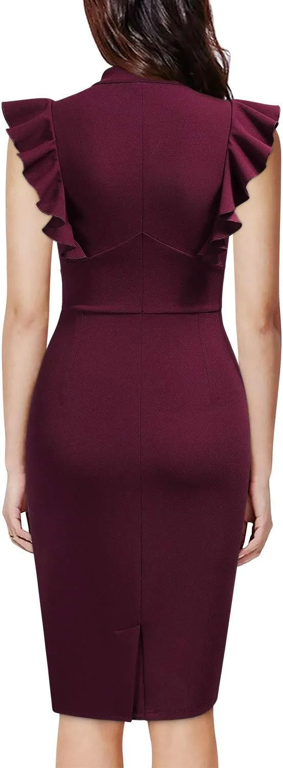 Knitee Women's Vintage Ruffle Sleeve V-Neck Bodycon Evening Party Cocktail Pencil Sheath Dress