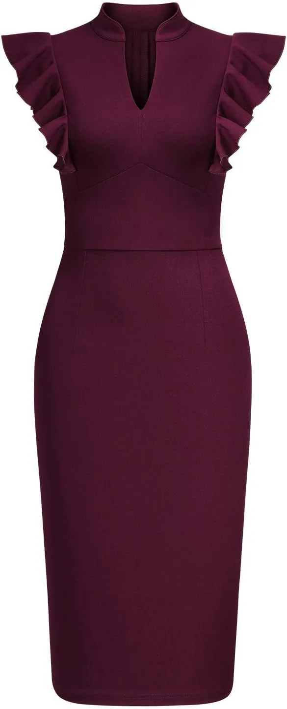 Knitee Women's Vintage Ruffle Sleeve V-Neck Bodycon Evening Party Cocktail Pencil Sheath Dress