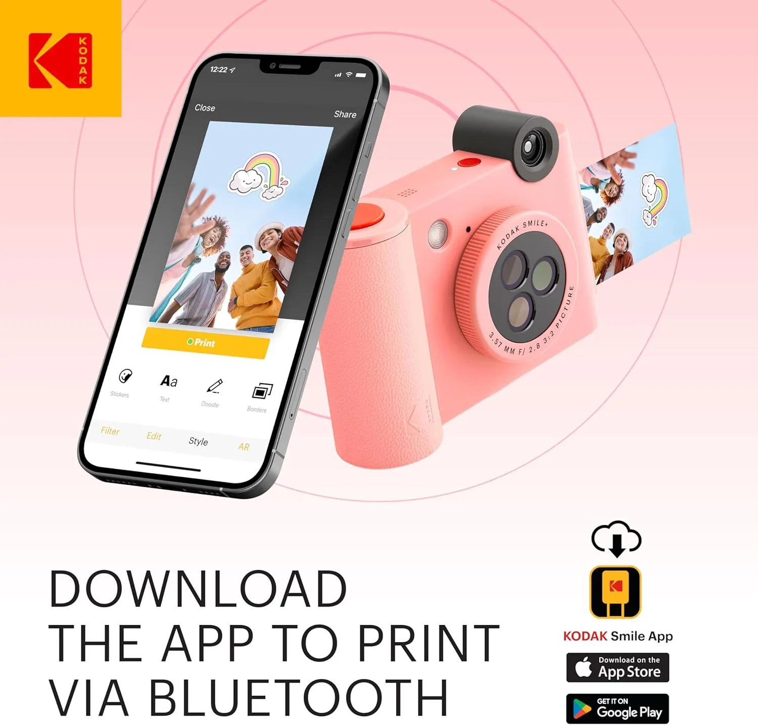 KODAK Smile  2-in-1 Digital Instant Print Camera & Wireless Bluetooth Photo Printer - 10MP, Special-Effect Rotating Lens, Zink 2x3” Sticky-Back Photos, Print via Fun App from Smart Devices - Pink