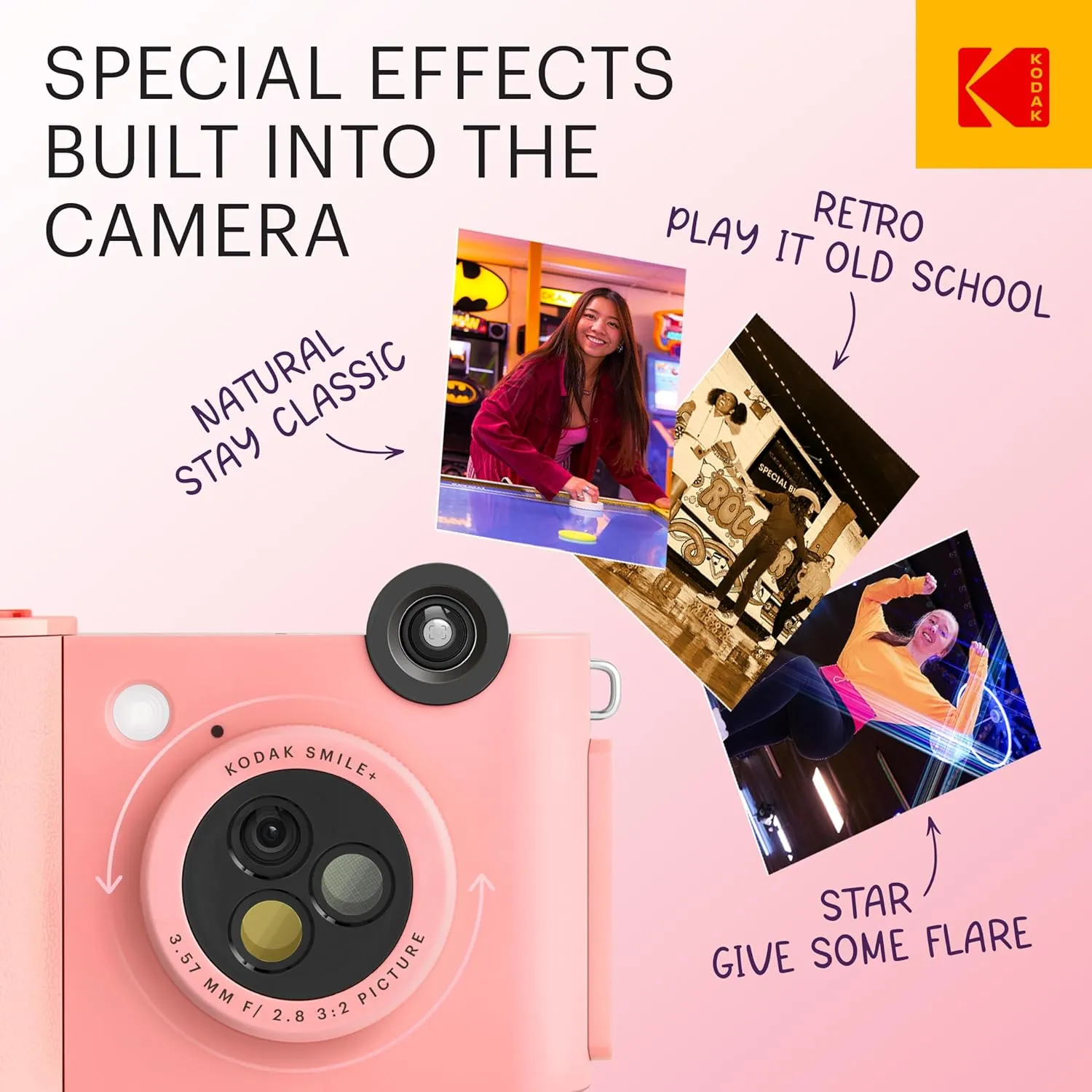 KODAK Smile  2-in-1 Digital Instant Print Camera & Wireless Bluetooth Photo Printer - 10MP, Special-Effect Rotating Lens, Zink 2x3” Sticky-Back Photos, Print via Fun App from Smart Devices - Pink