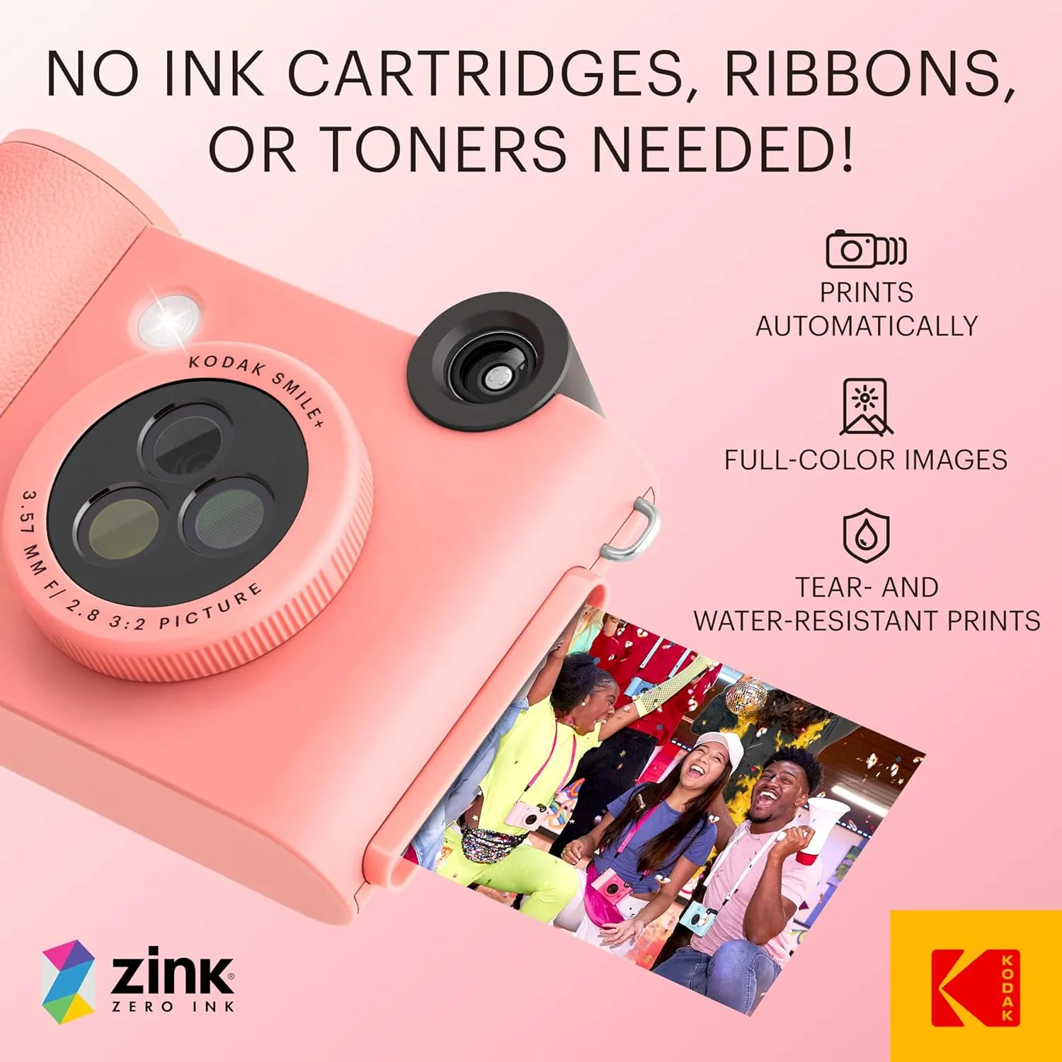 KODAK Smile  2-in-1 Digital Instant Print Camera & Wireless Bluetooth Photo Printer - 10MP, Special-Effect Rotating Lens, Zink 2x3” Sticky-Back Photos, Print via Fun App from Smart Devices - Pink