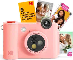 KODAK Smile  2-in-1 Digital Instant Print Camera & Wireless Bluetooth Photo Printer - 10MP, Special-Effect Rotating Lens, Zink 2x3” Sticky-Back Photos, Print via Fun App from Smart Devices - Pink