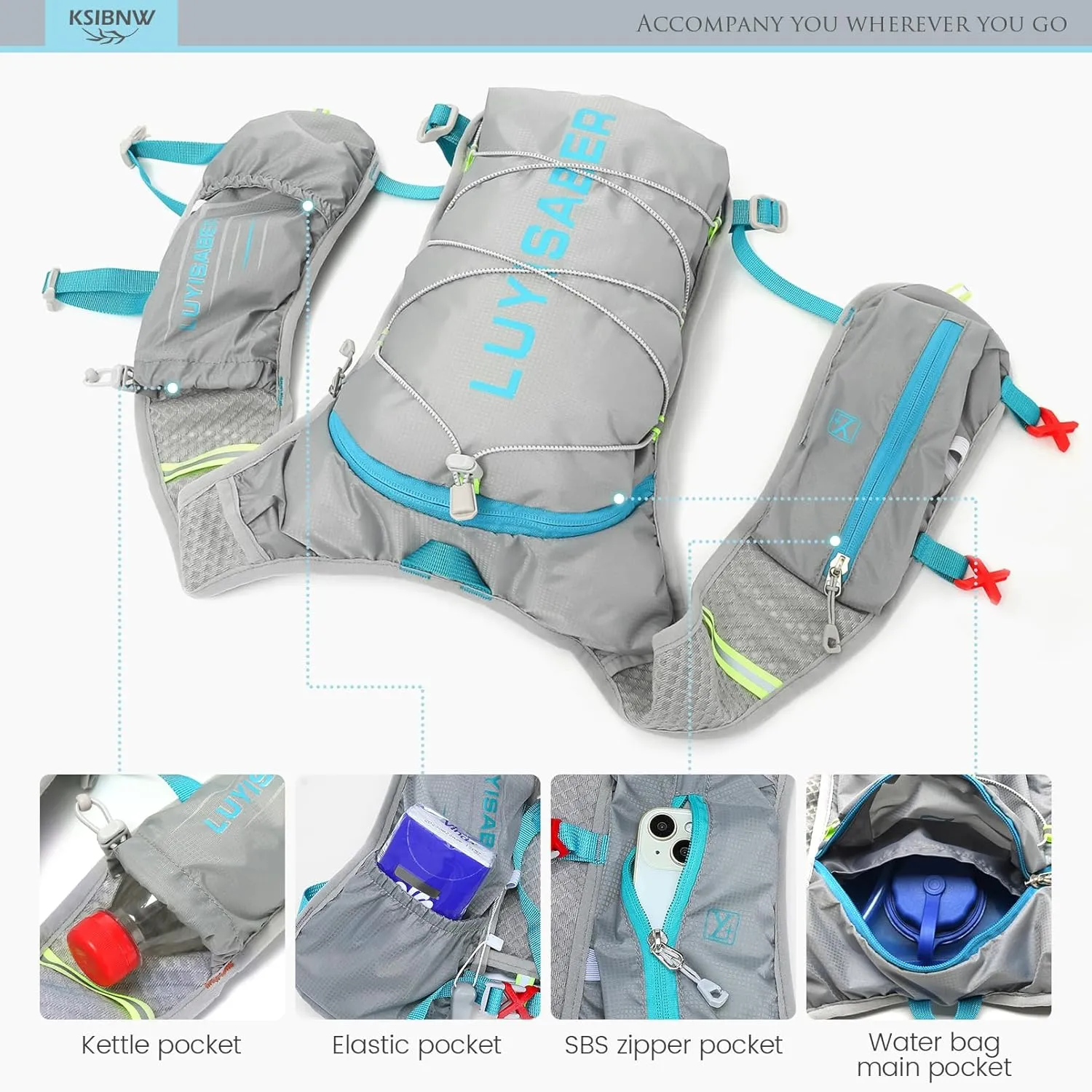 KSIBNW Running Hydration Vest Backpack, Lightweight Hydration Backpack with 1.5L Water Bladder Breathable and Sweatproof Running Rucksack Bladder Bag for Hiking Biking Running Cycling for Women Men