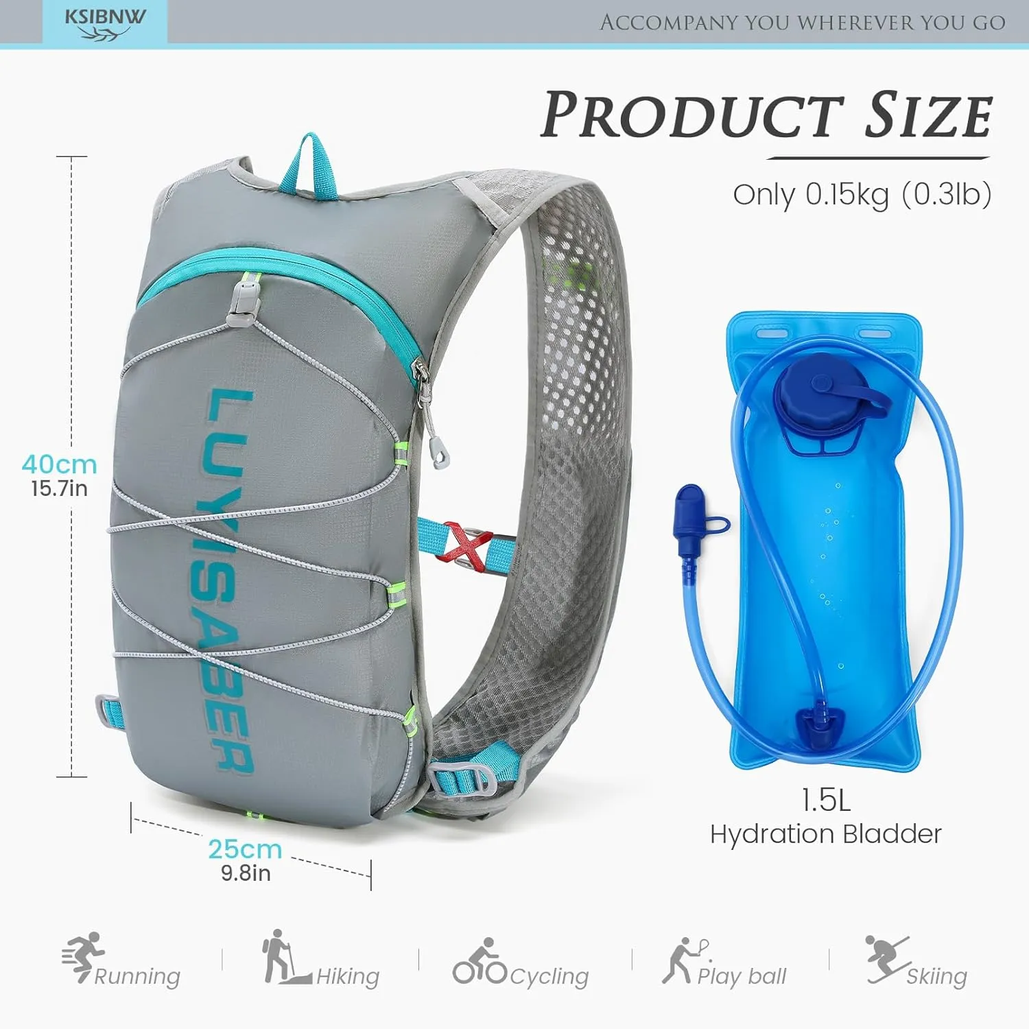 KSIBNW Running Hydration Vest Backpack, Lightweight Hydration Backpack with 1.5L Water Bladder Breathable and Sweatproof Running Rucksack Bladder Bag for Hiking Biking Running Cycling for Women Men