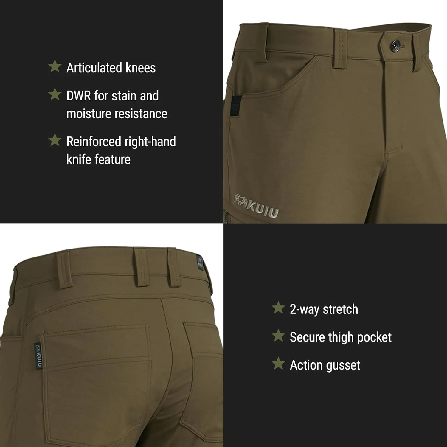 KUIU Switchback Pant - Water & Stain Resistant, 2-Way Stretch, Reinforced Knife Pocket, Durable & Versatile for Hiking