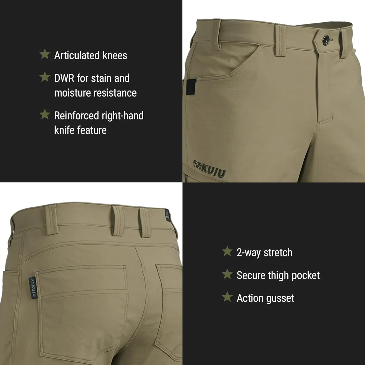 KUIU Switchback Pant - Water & Stain Resistant, 2-Way Stretch, Reinforced Knife Pocket, Durable & Versatile for Hiking