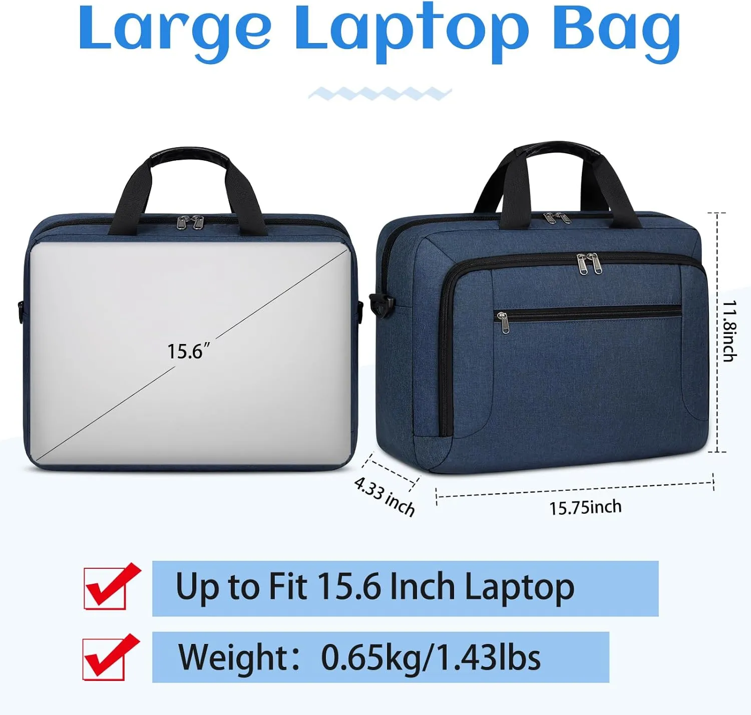 Laptop Bag 15.6 Inch Laptop Briefcase Computer Bag for Men Women Waterproof Business Office Work Large Laptop Case 15.6 Inch Adjustable Shoulder Messenger Bag Blue