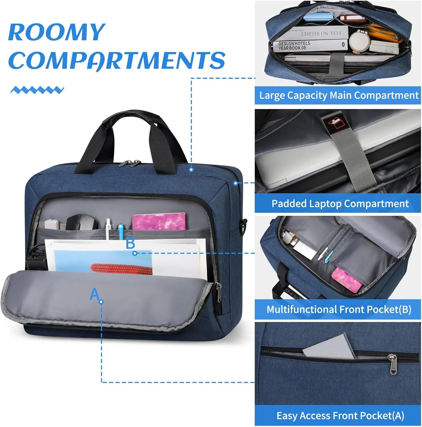 Laptop Bag 15.6 Inch Laptop Briefcase Computer Bag for Men Women Waterproof Business Office Work Large Laptop Case 15.6 Inch Adjustable Shoulder Messenger Bag Blue