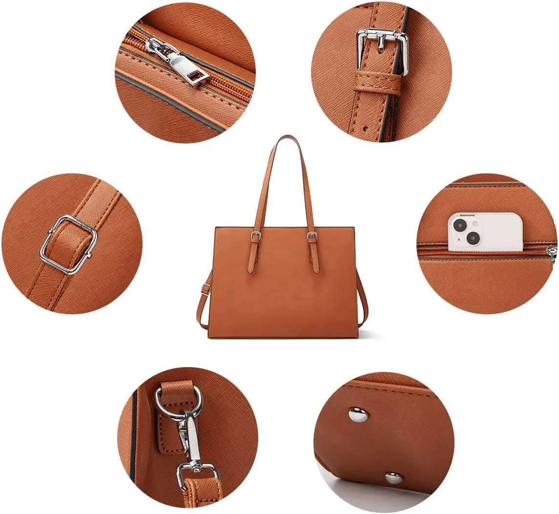 Laptop Bag for Women 15.6 inch Laptop Tote Bag Leather Classy Computer Briefcase for Work Waterproof Handbag 2pcs Set