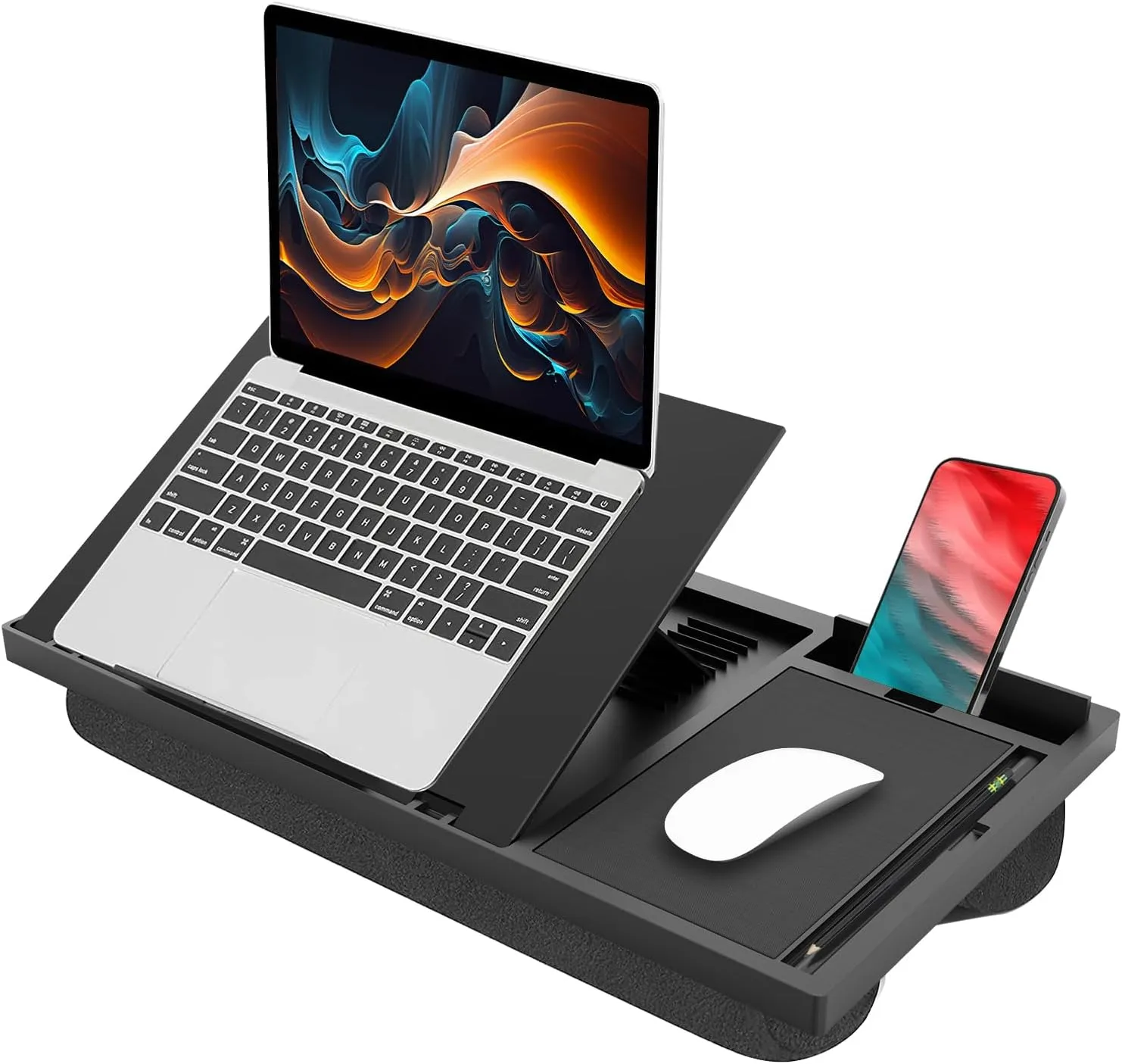 Laptop Lap Desk with Cushion - 9 Adjustable Angles, Fits Up to 15.6 inch Laptops, Built-in Mouse Pad, Phone and Pen Slots. Portable Writing Board for Bed, Sofa, and Work Table