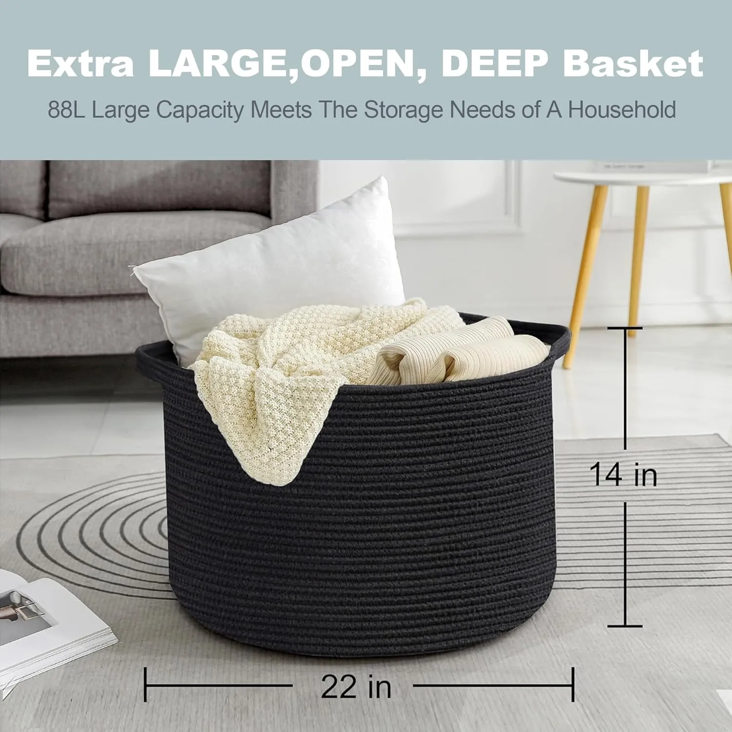 Large Black Blanket Basket, 22" X 22" X 14" Woven Rope Baskets for Storage, Kids Dog Toy Storage Box Organizer Bins, Blanket Storage for Living Room, Black Wicker Baskets for Organizing