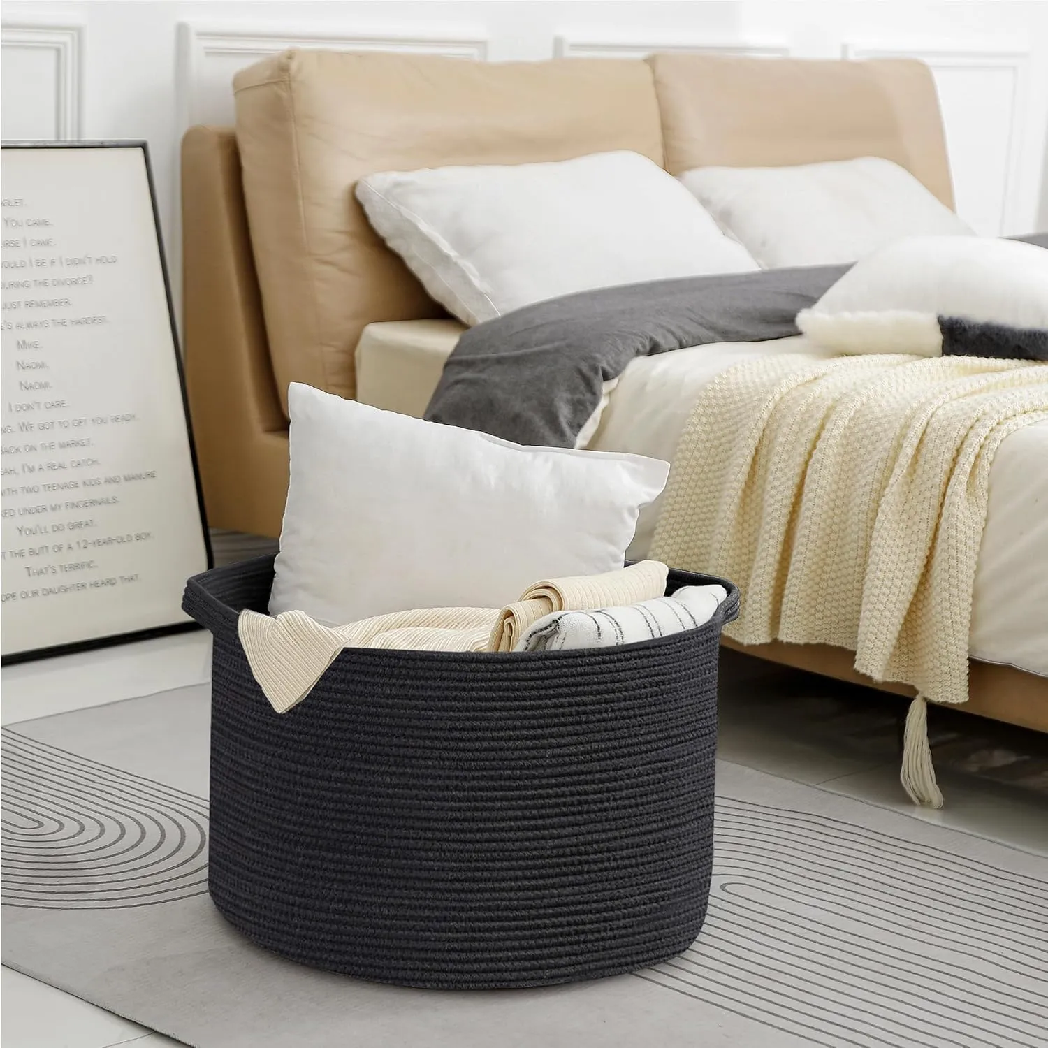 Large Black Blanket Basket, 22" X 22" X 14" Woven Rope Baskets for Storage, Kids Dog Toy Storage Box Organizer Bins, Blanket Storage for Living Room, Black Wicker Baskets for Organizing