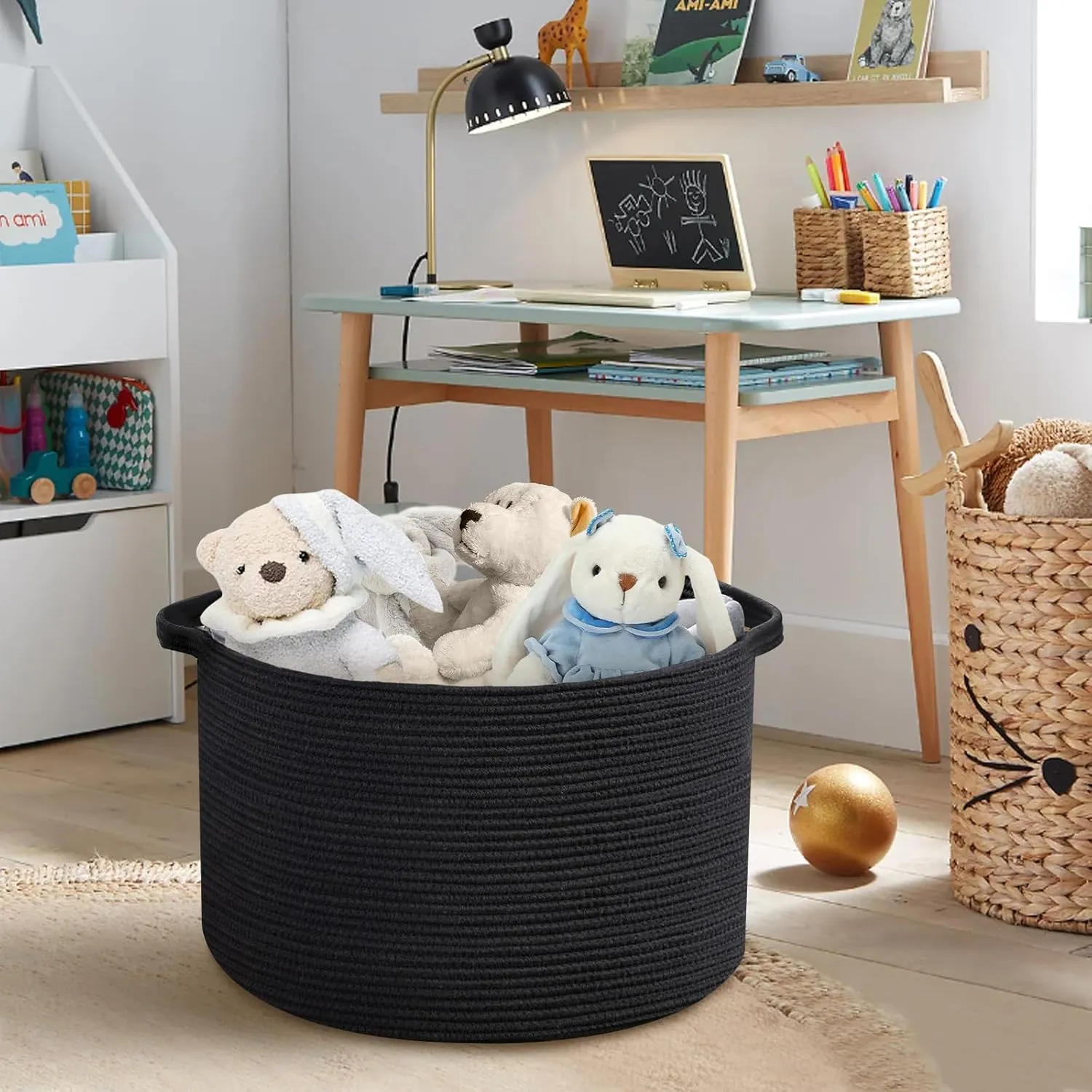 Large Black Blanket Basket, 22" X 22" X 14" Woven Rope Baskets for Storage, Kids Dog Toy Storage Box Organizer Bins, Blanket Storage for Living Room, Black Wicker Baskets for Organizing