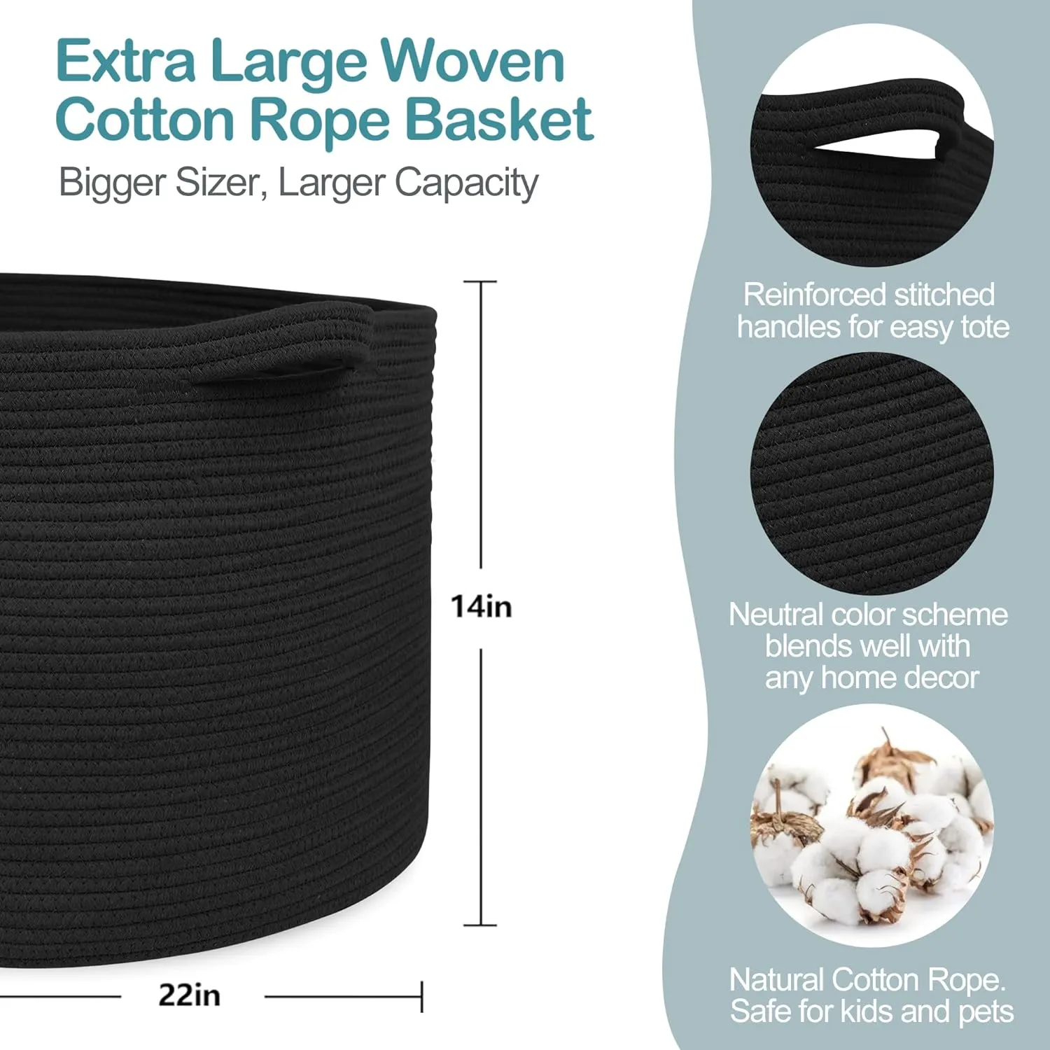 Large Black Blanket Basket, 22" X 22" X 14" Woven Rope Baskets for Storage, Kids Dog Toy Storage Box Organizer Bins, Blanket Storage for Living Room, Black Wicker Baskets for Organizing