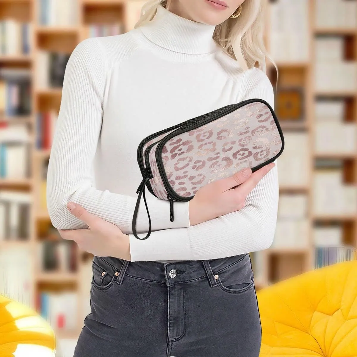 Large Capacity Pencil Case 3 Compartment Pouch Pen Bag Leopard Print Cheetah Rose Gold for Middle High School Office College