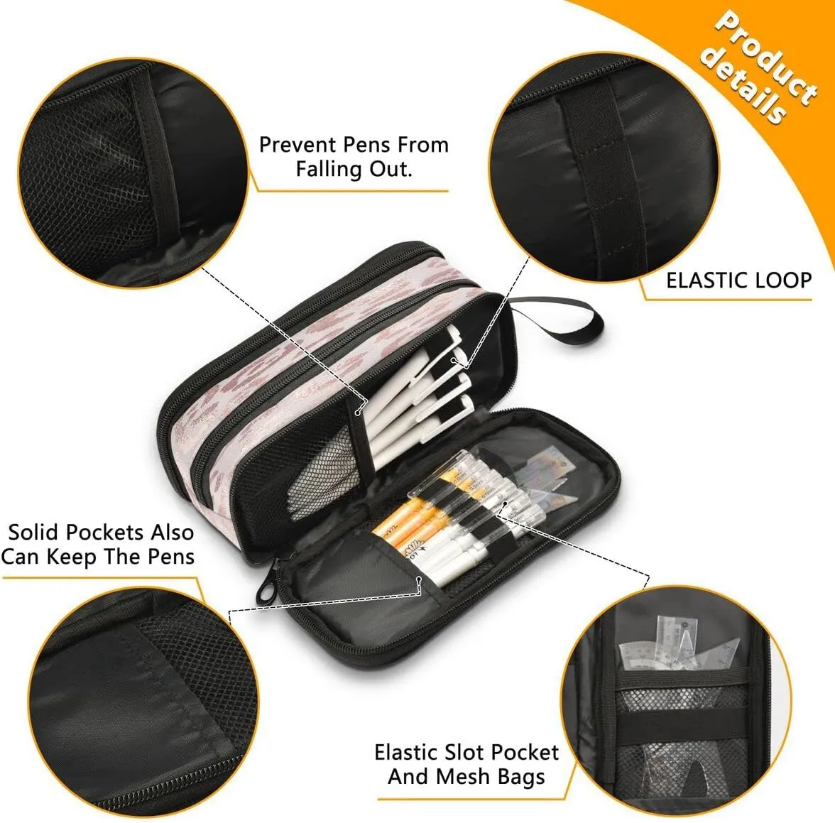 Large Capacity Pencil Case 3 Compartment Pouch Pen Bag Leopard Print Cheetah Rose Gold for Middle High School Office College
