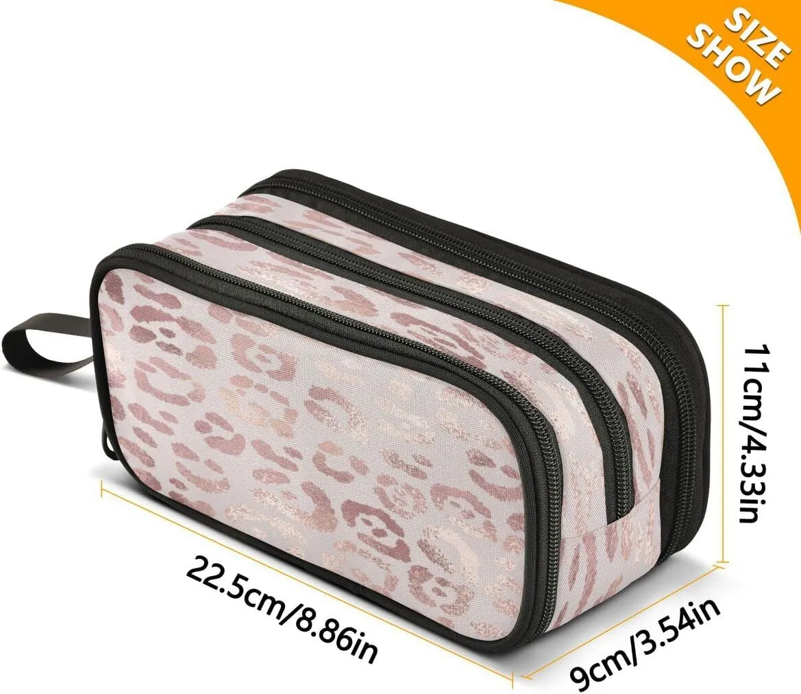 Large Capacity Pencil Case 3 Compartment Pouch Pen Bag Leopard Print Cheetah Rose Gold for Middle High School Office College