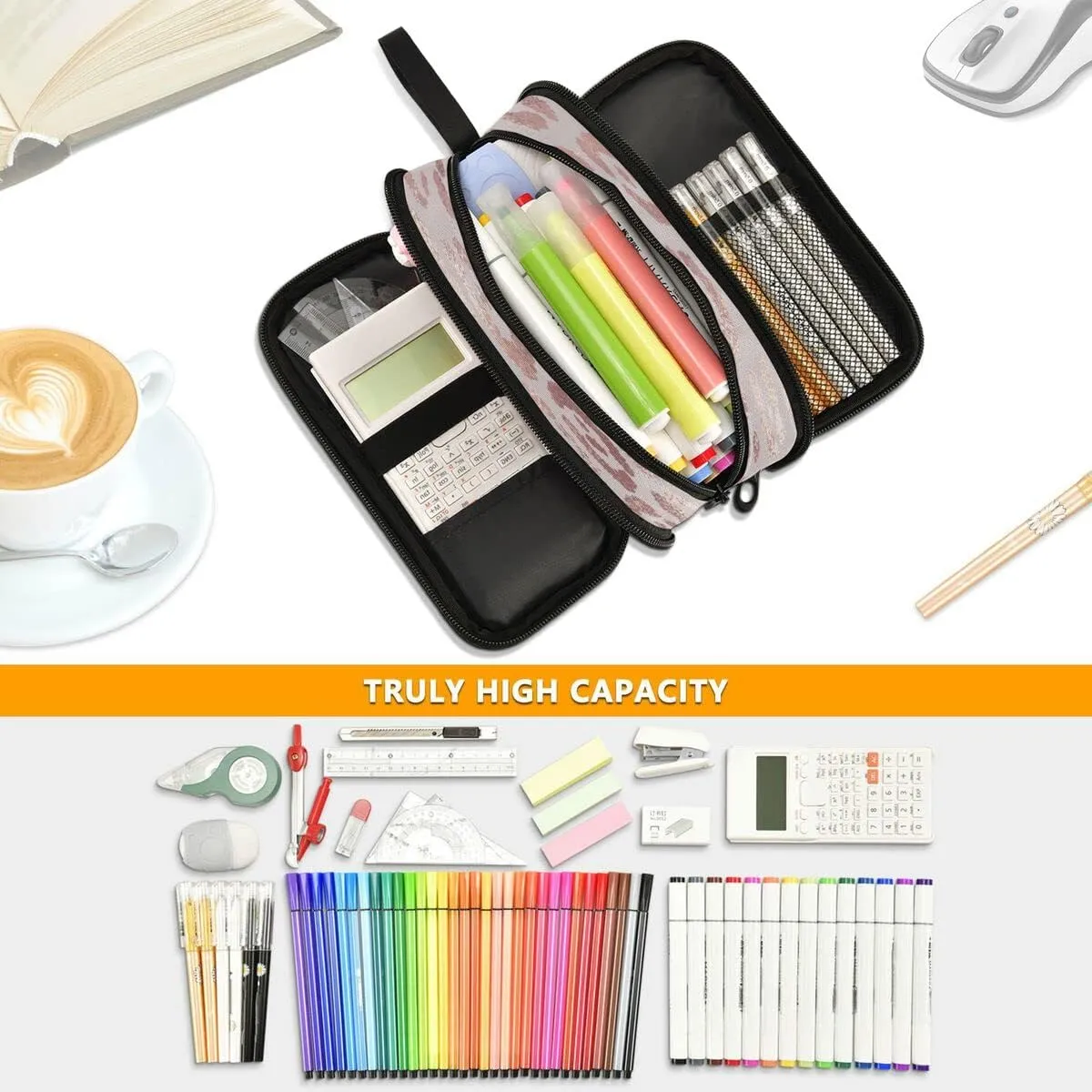 Large Capacity Pencil Case 3 Compartment Pouch Pen Bag Leopard Print Cheetah Rose Gold for Middle High School Office College
