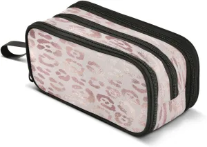 Large Capacity Pencil Case 3 Compartment Pouch Pen Bag Leopard Print Cheetah Rose Gold for Middle High School Office College