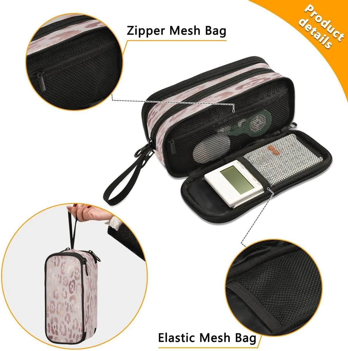 Large Capacity Pencil Case 3 Compartment Pouch Pen Bag Leopard Print Cheetah Rose Gold for Middle High School Office College