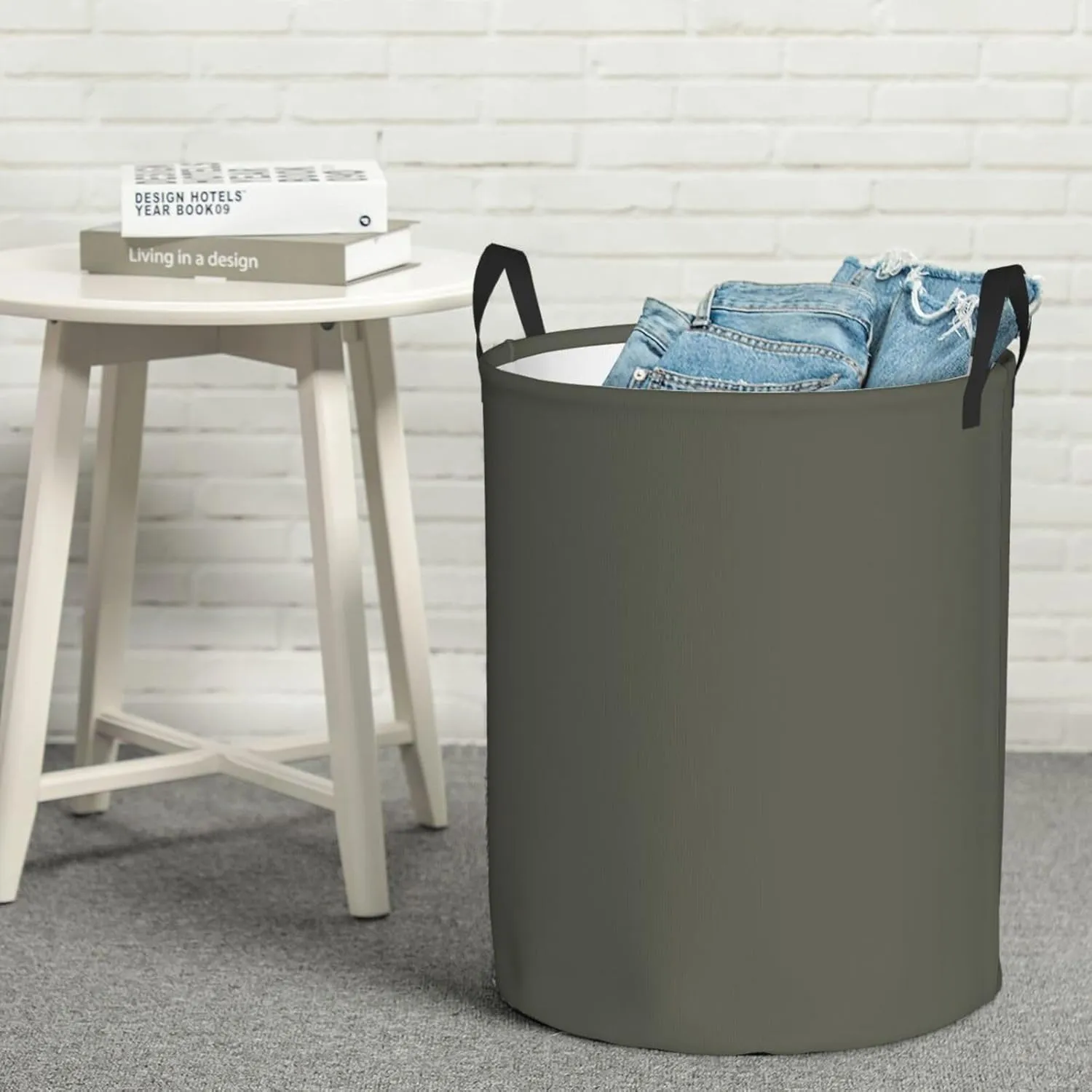 Large Laundry Basket, Dirty Clothes Hamper Toys Storage Bag Dark Olive Solid Color Waterproof Foldable Washing Bin for College Dorms 15.7" x 19.6"