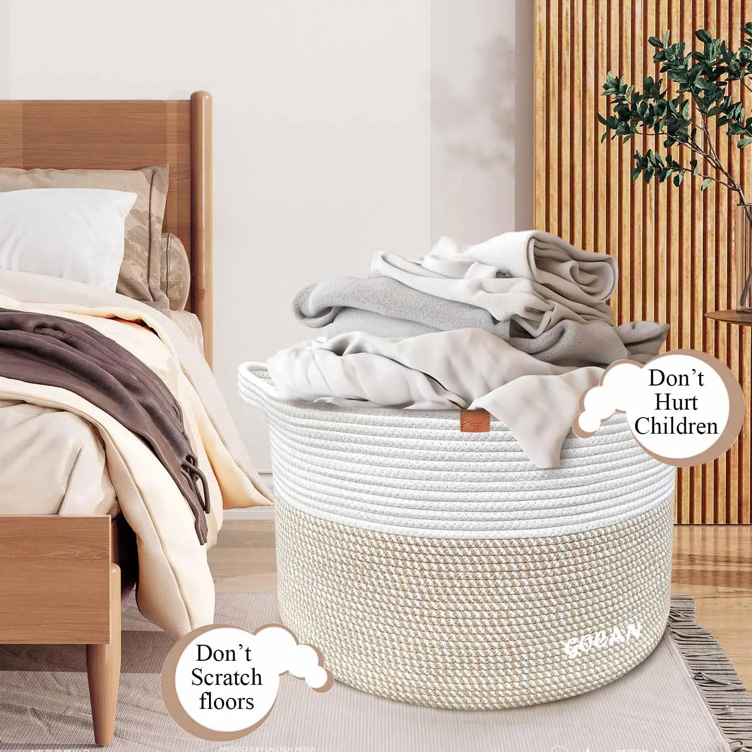 Large Laundry Basket Toy Storage Blanket Basket Woven Cotton Rope Baskets with Handles for Living Room (Brown/Beige) XXXL