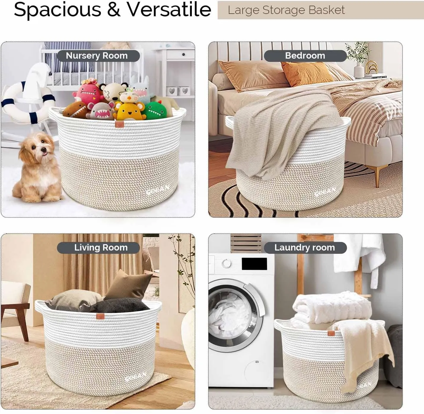 Large Laundry Basket Toy Storage Blanket Basket Woven Cotton Rope Baskets with Handles for Living Room (Brown/Beige) XXXL