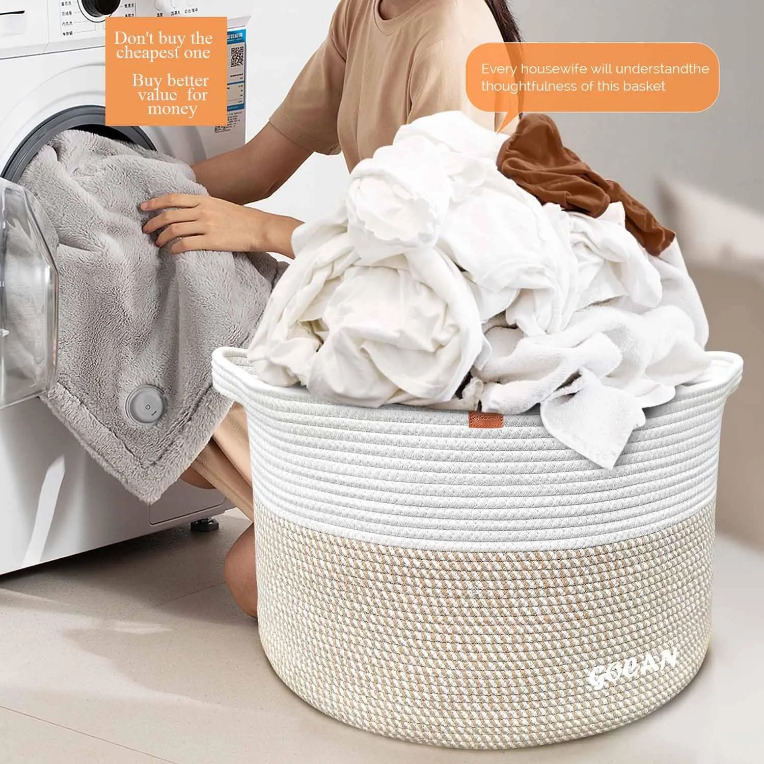 Large Laundry Basket Toy Storage Blanket Basket Woven Cotton Rope Baskets with Handles for Living Room (Brown/Beige) XXXL