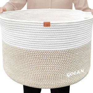 Large Laundry Basket Toy Storage Blanket Basket Woven Cotton Rope Baskets with Handles for Living Room (Brown/Beige) XXXL