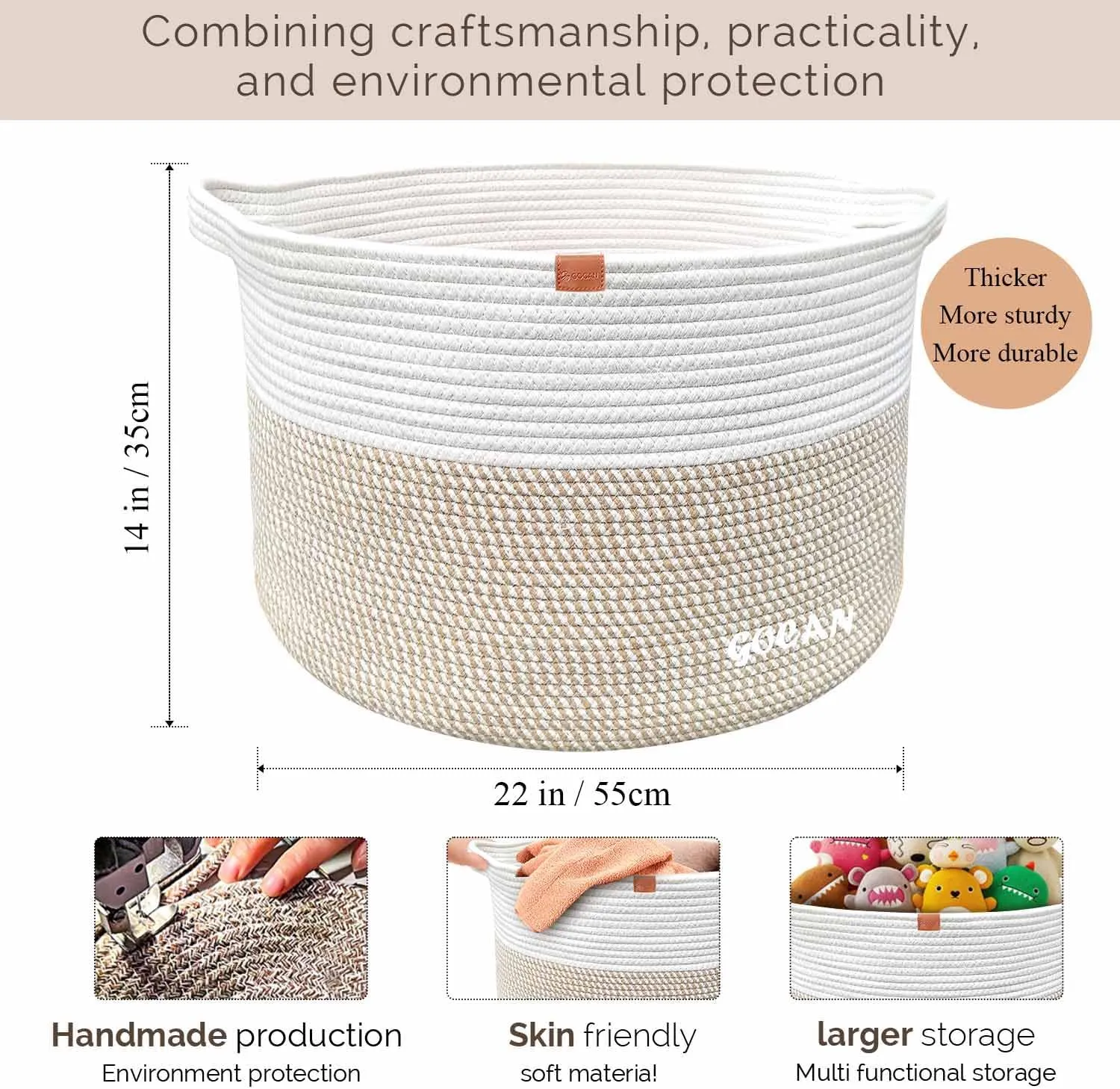 Large Laundry Basket Toy Storage Blanket Basket Woven Cotton Rope Baskets with Handles for Living Room (Brown/Beige) XXXL