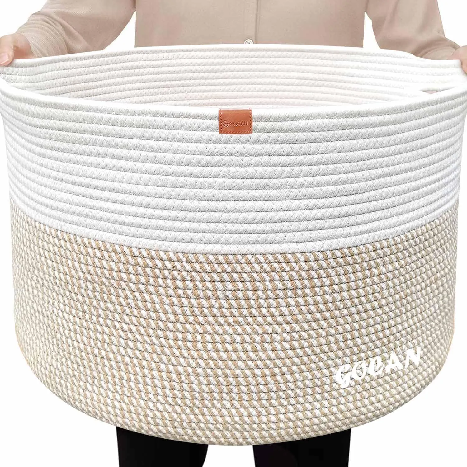 Large Laundry Basket Toy Storage Blanket Basket Woven Cotton Rope Baskets with Handles for Living Room (Brown/Beige) XXXL