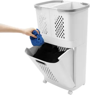 Large Laundry Basket with Universal Wheels, 2 Layer Multifunctional Clothes Basket Flexible Tiered Storage Freestanding Clothes Hamper Organizer for Bathrooms Bedrooms Office